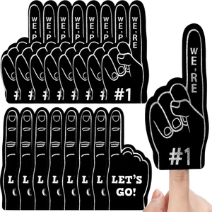 Mini black foam fingers showing stacked display and hand wearing for sports events