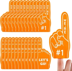 Set of 24 orange EVA foam fingers with WE'RE #1 and LET'S GO sports cheering text