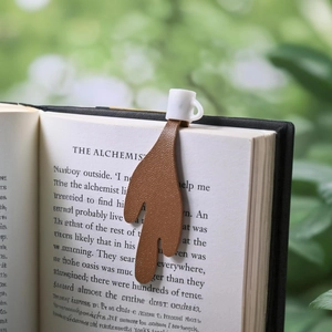 Creative spilled coffee cup bookmark made of brown lychee textured PU leather