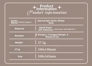 Tabla de especificaciones para pegatinas góticas vintage hechas de papel washi premium