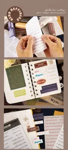 Detalle de pegatinas vintage con letras inglesas, troquelado y diseños creativos para diarios