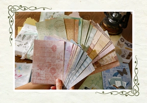 Close-up of vintage scrapbook paper set with floral illustrations and retro script