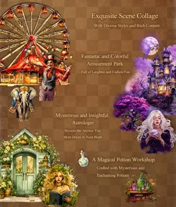 Macro detail of retro collage scrapbooking material with fantasy circus and magic motifs