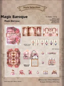 Detailed view of Baroque retro scrapbook material set with pink floral and castle motifs