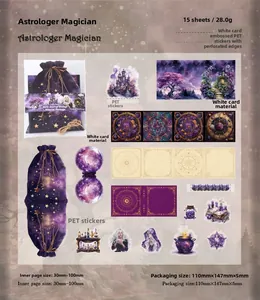 Detailed flat lay of astrology themed vintage scrapbooking paper and PET stickers