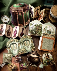 Close-up of vintage fantasy stickers with Victorian potion bottles and mystical illustrations