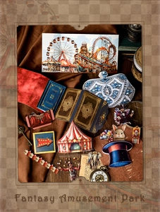 Detail view of Fantasy Amusement Park vintage DIY scrapbook paper on brown silk