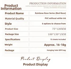 Detailed product specifications table for Iridescent Rose Series PVC decorative stickers