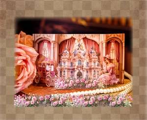 Detail of 3D vintage baroque paper art with pink palace, pumpkin carriage and lady