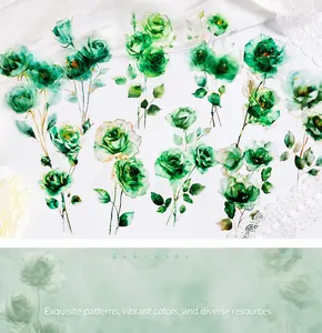 Detail view of watercolor green rose stickers with vibrant floral patterns for scrapbooking