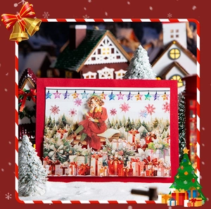 Detail van kerstkaart met aquarelmeisje en feestelijk bos voor DIY-journaling decoratie