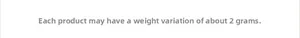 Detailed specification chart showing a weight tolerance of approximately 2g for accuracy