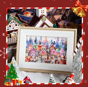 Detail van 3D-kerstpapierkunst met kerstkabouters en een besneeuwd dorpslandschap
