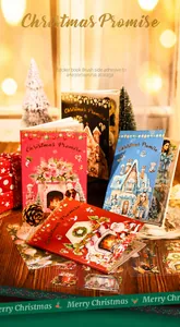 Close-up of Christmas themed PET stickers with festive Santa and fireplace illustrations