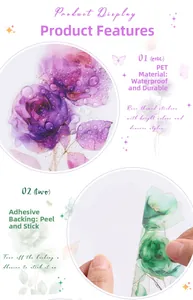 Detail of waterproof PET rose stickers showing adhesive backing and water-resistant texture