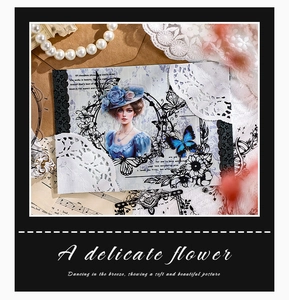 Vintage bloemensticker met portret, kant, parels en details van een vlinder