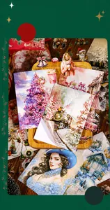 Macro detail of PET Christmas stickers featuring festive trees and winter character motifs