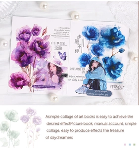 Detail showing iridescent rose and girl illustration stickers for journal decoration