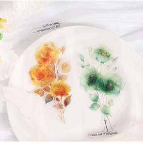 Detail of transparent iris rose stickers with watercolor flowers on a white plate