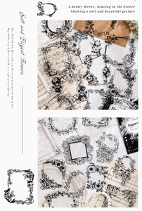 Detailweergave van vintage zwart-wit bloemenstickers voor DIY-scrapbooking en dagboekversiering