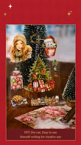 Detailed view of Christmas themed PET stickers with festive girls and trees on wooden table