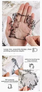 Macrodetail van waterdichte vintage bloemen PET-stickers met transparantie en kantpatroon