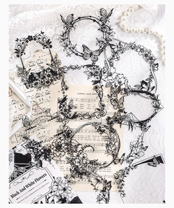 Gedetailleerde zwart-wit bloemenstickers voor DIY-scrapbooking en handwerkprojecten