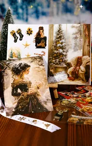 Detail of die-cut PET Christmas stickers with vintage motifs and matching background card