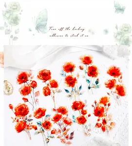 Detail of vintage iridescent orange-red rose stickers on lace and silk background