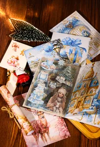 Detailed Christmas PET stickers featuring reindeer, Santa, and festive decor on wood