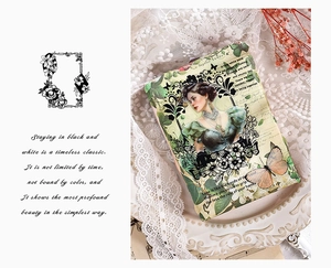 Detailopname van vintage bloemenrandstickers met damesportret en florale motieven