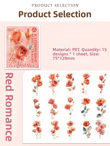 Detailed view of 15 watercolor red rose PET stickers for scrapbooking decoration