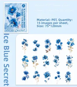 Detail of blue floral PET stickers showing 15 unique watercolor designs on clear film