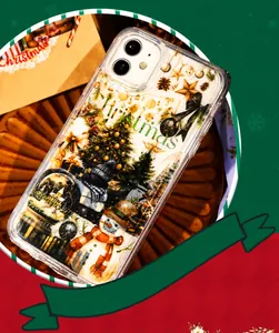 Detailed Christmas themed collage on transparent phone case with snowman and tree patterns