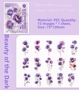 Detail of 15 purple iridescent rose PET stickers for floral scrapbooking crafts