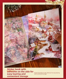Detail of glue-bound Christmas PET sticker book with easy-tear edges on dark wood background