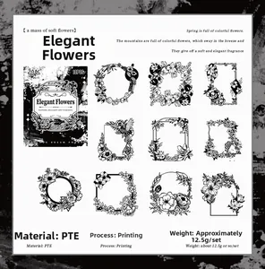 Details van vintage bloemenframe PET-stickers, zwart-wit set van 10 stuks per verpakking