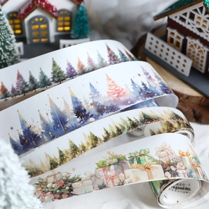Kerst washi tape set met aquarel winterbomen en feestelijke cadeauverpakking prints