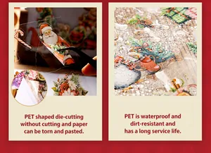 Waterproof PET Christmas stickers showing easy-peel die-cut feature and Santa patterns