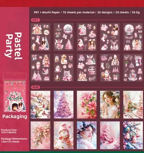Macro detail of pink PET Christmas stickers set with various winter holiday motifs