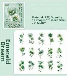 Detail view of Emerald Dream iridescent green rose PET stickers for journaling decor