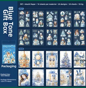 Blue Christmas PET sticker set specs showing winter theme patterns and size details