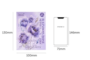 Detailed size chart showing 100x130mm rainbow rose stickers next to an iPhone 12 for scale