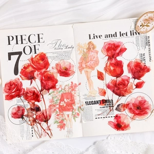 Vintage iridescent rose stickers and hand-drawn girl illustration for journal decoration