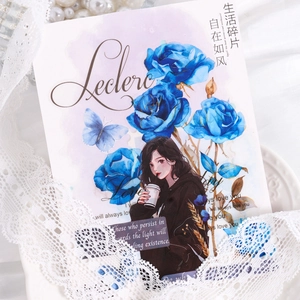 Iridescent rose theme stickers featuring an anime girl with flowers for scrapbooking