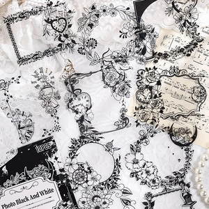 Vintage zwart-wit stickers met bloemenranden voor DIY journaling 10-delige set