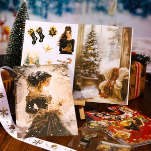 Christmas PET sticker set with vintage hand-drawn winter illustrations and holiday patterns