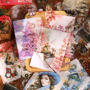 Vintage Christmas PET stickers featuring pink trees, trains and winter cabin illustrations