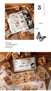 Nahaufnahme der 6-teiligen Vintage-Holzstempel mit Mädchen und Blumen für Journaling