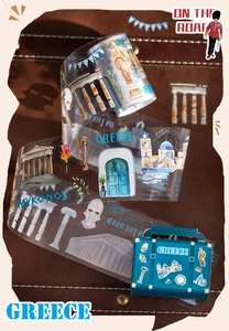 Detail von PET-Dekoband und Blechdose mit Griechenland-Motiven wie Kirchen und Tempeln
